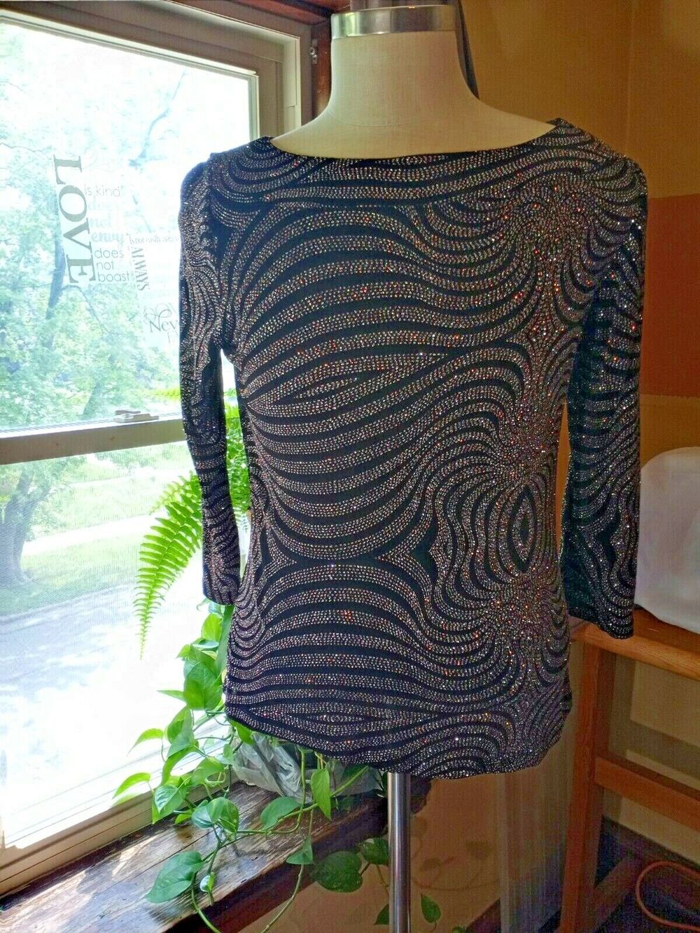 Dressbarn Glitter Top Silver, Black 3/4 Sleeve, Size XL